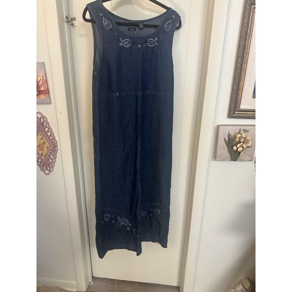 Vintage Erika & Co Denim Jumper Dress M Maxi Embroidered Floral Cottage Country‎